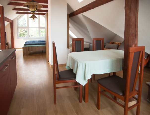 Tisch mit Stühlen in der Dachgeschosswohung